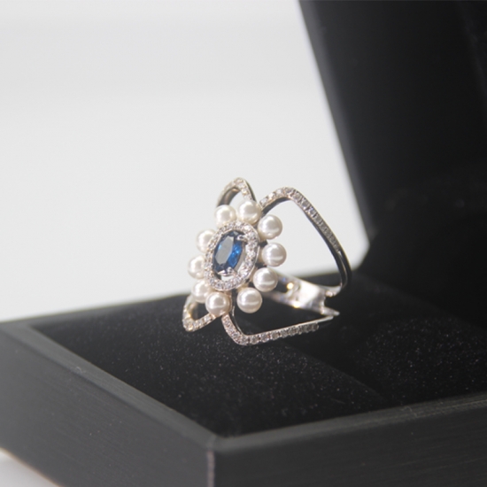 Sterling Silver Blue Zircon Ring With Pearls